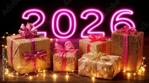 Fototapeta A festive Christmas shopping promotion background featuring a variety of gold presents adorned with pink bows and twinkling lights.