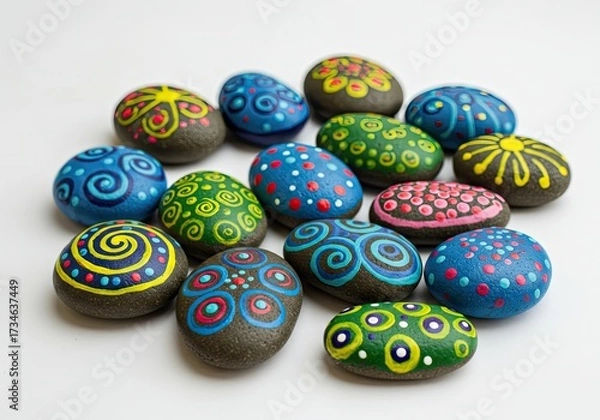 Fototapeta Painted river pebbles colorful and smooth isolated on a white background 