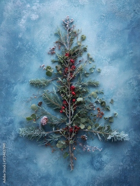 Fototapeta A festive Christmas tree adorned with red berries and green leaves, creating a cheerful holiday atmosphere.