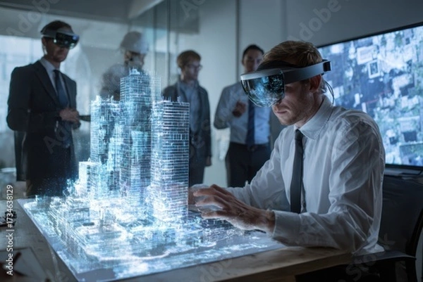 Fototapeta A futuristic depiction of an engineer wearing a head-mounted device, dressed in a white shirt.