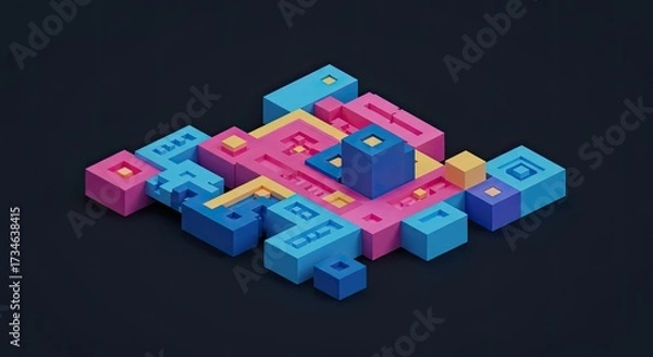 Fototapeta Pixel art geometric pattern blocky shapes limited color palette retro video game style. 