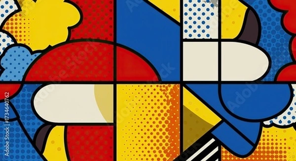 Fototapeta Pop Art geometric pattern comic book style dots primary colors bold outlines. 