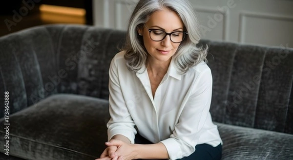 Obraz Serene Middle-Aged Woman Meditating in Nature, Practicing Yoga for Mindfulness and Well-being