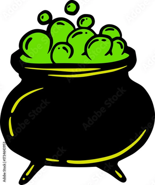 Fototapeta Halloween Cauldron with Bubbling Potion, Cute Cartoon Graphic in Neon Green Yellow Colors. Isolated Vector Illustration for Sticker or Poster Design