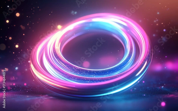 Fototapeta vibrant swirl of neon light creates mesmerizing visual effect, blending shades of pink and blue with sparkling particles. This abstract design evokes sense of energy and movement