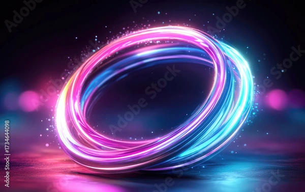 Fototapeta vibrant abstract design featuring swirling neon lights pink and blue hues, creating dynamic and energetic visual effect. glowing rings appear to float against dark background, evoking sense of