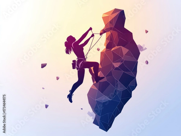 Fototapeta climber ascends geometric rock formation, determination and strength against gradient background. silhouette emphasizes thrill of adventure and outdoor activity