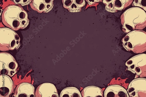 Fototapeta Skulls frame with dark background and red splashes, creating spooky perfect for Halloween or horror themes. Ideal for graphic design projects