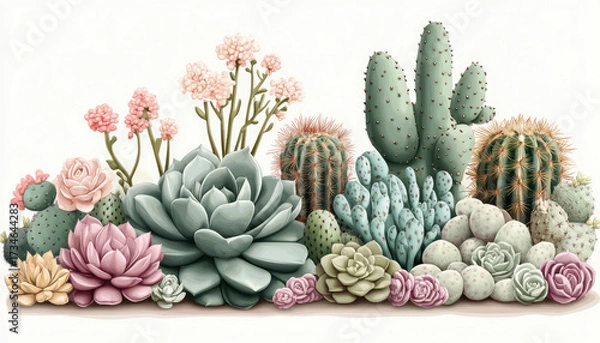 Fototapeta vibrant succulent garden featuring various types of cacti and succulents, mix of colors and textures. This lush arrangement brings lively touch to any space