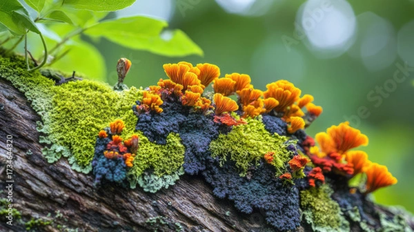 Fototapeta Colorful moss and fungi grow on tree trunk, creating vibrant natural scene. bright orange and green hues contrast beautifully against dark wood, nature artistry
