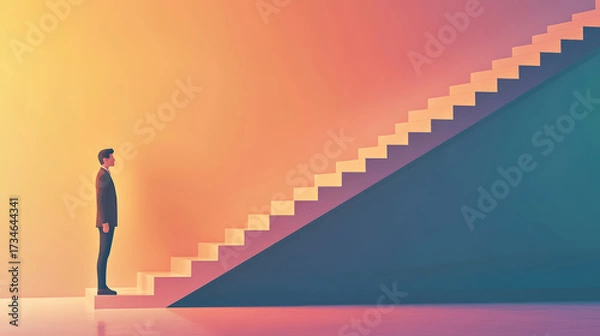 Fototapeta man in suit stands at base of colorful staircase, symbolizing ambition and progress. vibrant gradient background adds sense of motivation and hope