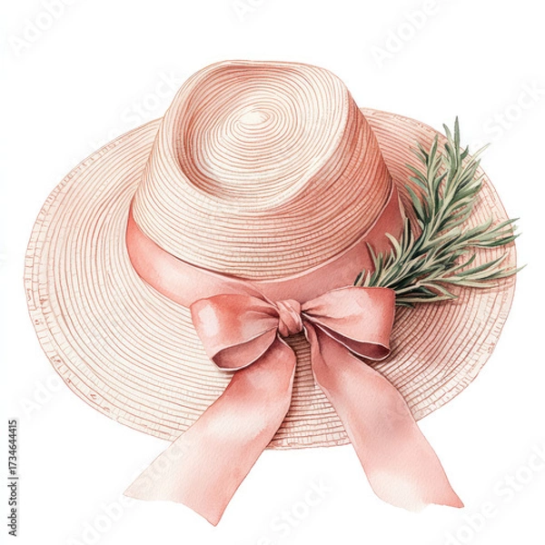 Fototapeta stylish sunhat with ribbon and greenery, perfect for summer outings. This elegant accessory adds touch of charm to any outdoor look, ideal for sunny days