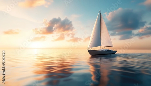 Fototapeta sleek sailboat gliding across calm waters at sunset, surrounded by soft clouds and warm hues. scene evokes sense of adventure and ity