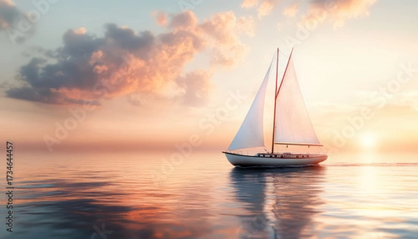 Fototapeta sleek sailboat gliding across calm waters at sunset, with vibrant clouds ing warm colors of sky. scene evokes sense of peace and adventure