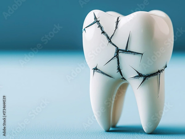 Fototapeta cracked tooth on blue background, symbolizing dental issues and oral health concerns. image highlights importance of dental care and impact of damage on teeth