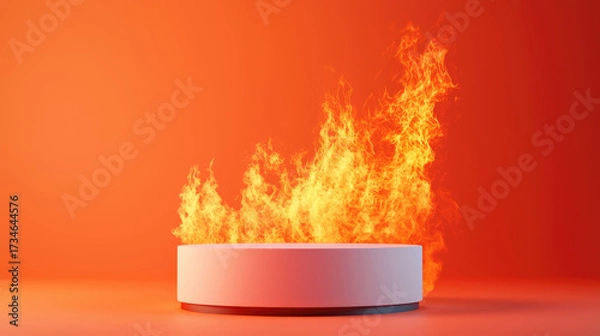 Fototapeta fiery orange background with flames rising from circular platform creates dynamic and energetic scene. vibrant colors evoke sense of warmth and intensity, perfect for products or