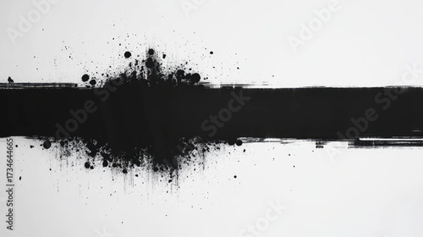 Fototapeta Minimalist black and white abstract art featuring bold black brushstroke with splatters, creating striking visual contrast. This artwork evokes sense of modernity and creativity