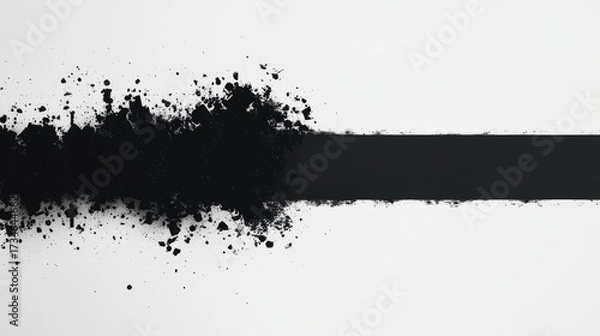 Fototapeta Minimalist black and white design featuring bold black stripe with scattered black particles, creating striking visual contrast and dynamic texture