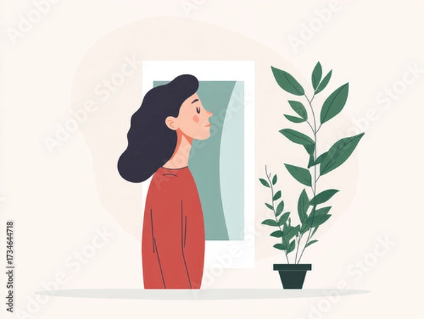 Fototapeta woman stands beside potted plant, gazing thoughtfully out window. scene conveys sense of contemplation and connection with nature