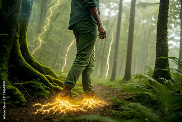 Fototapeta Creative fantasy image of a man in forest surrounded by glowing lightning, symbolizing strength and vitality.