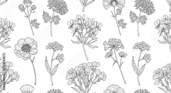 Fototapeta Seamless botanical illustration pattern, fine line art of various rare flowers and herbs, ink on paper, clean and sophisticated aesthetic 