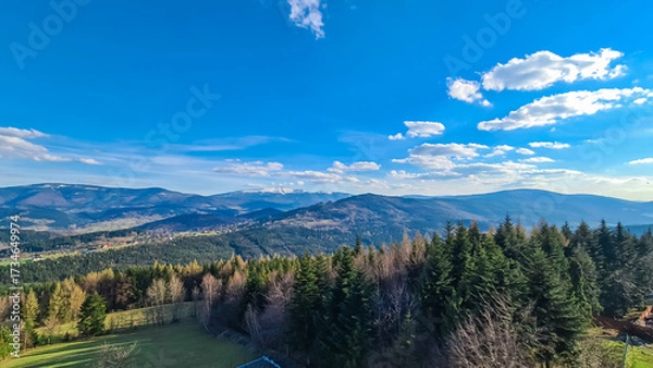 Obraz An expansive view over a forested valley reveals the magnificent Tatra Mountains on the horizon, with snow still clinging to their peaks under a bright, cloud-dappled sky in Lesser Poland.