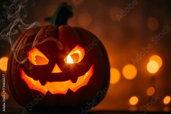 Fototapeta A carved pumpkin with a menacing face glows brightly against a dark background filled with warm, bokeh lights. Smoke gently rises, creating a spooky Halloween atmosphere