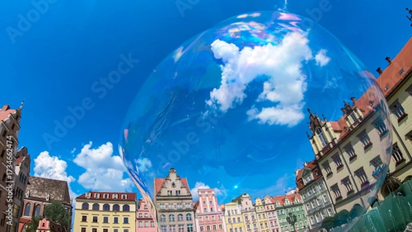 Obraz Transparent soap bubble reflects the historic, colorful facades of Old Town Market Square in Wroclaw, Poland. This bright, sunny image with a deep blue sky evokes feelings of joy, summer, and magic.