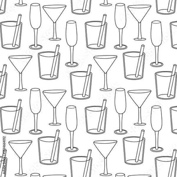 Obraz Seamless vector pattern of drinkware with martini glasses, tumblers, and champagne flutes. Perfect for bar menus, cafe decor, restaurant branding, and party designs.
