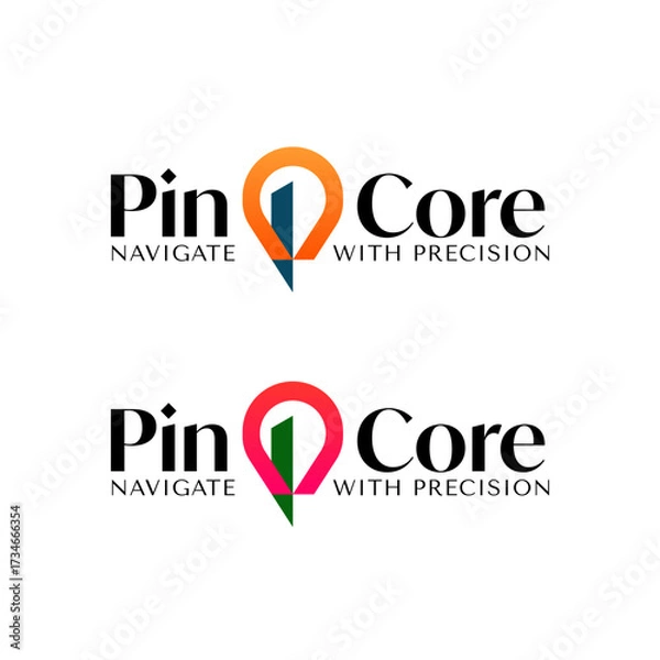 Fototapeta Modern logo design featuring a colorful navigation pin icon with geometric style and bold typography, symbolizing direction, accuracy, and technology. Editable Vector File
