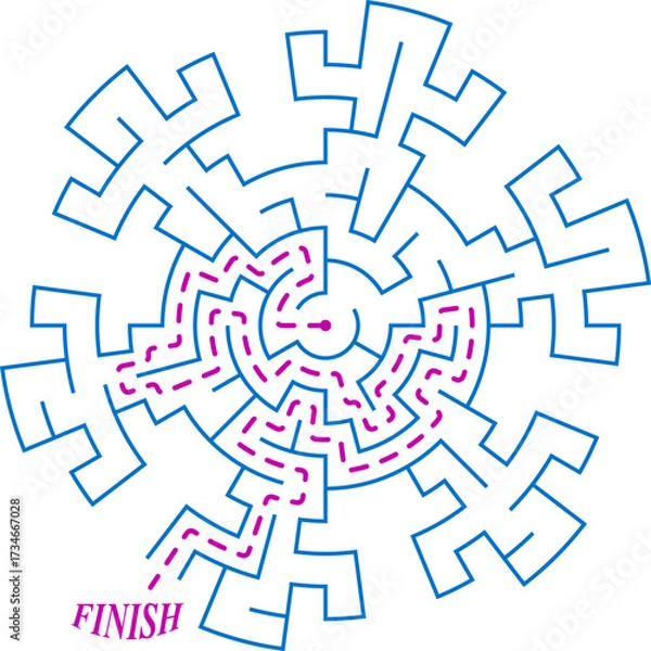 Fototapeta The snowflake labyrinth. Easy difficulty puzzle. Find the way to the center of the maze. Creative Christmas flat game related to frost, winter, new year, christmas. Simple vector style