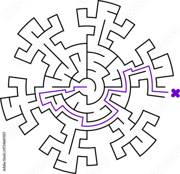 Fototapeta The snowflake labyrinth. Easy difficulty puzzle. Find the way to the center of the maze. Creative Christmas flat game related to frost, winter, new year, christmas. Simple vector style