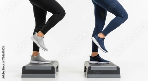Fototapeta Faceless couple in sportswear doing step aerobics. Close-up on legs and feet in sync during a cardio workout in a studio with a clean, white background.
