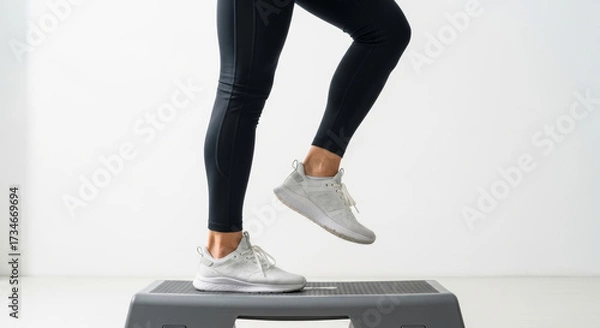 Fototapeta A close-up shot of a woman's legs in black leggings and white sneakers performing a step-up exercise on a gray platform, focusing on fitness, training, and lower-body workout.