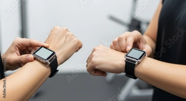 Fototapeta A fitness couple training in a gym, using smartwatches to track progress, creating a modern and tech-savvy atmosphere with a sleek, minimalist style.