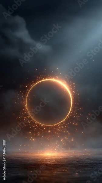 Fototapeta Golden Ring of Light Suspended Above a Dark Surface Under a Cloudy Sky