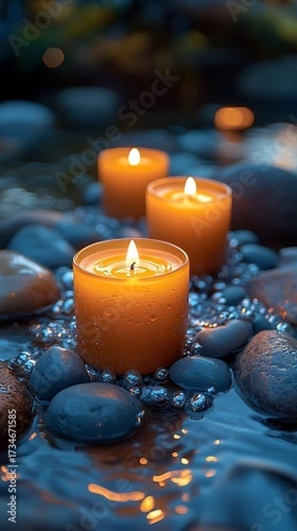 Fototapeta Lit Candles Surrounded by Smooth Stones and Water Droplets Creates Tranquil