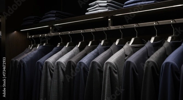 Fototapeta Shirts hang in a closet with dark wood and lighting.