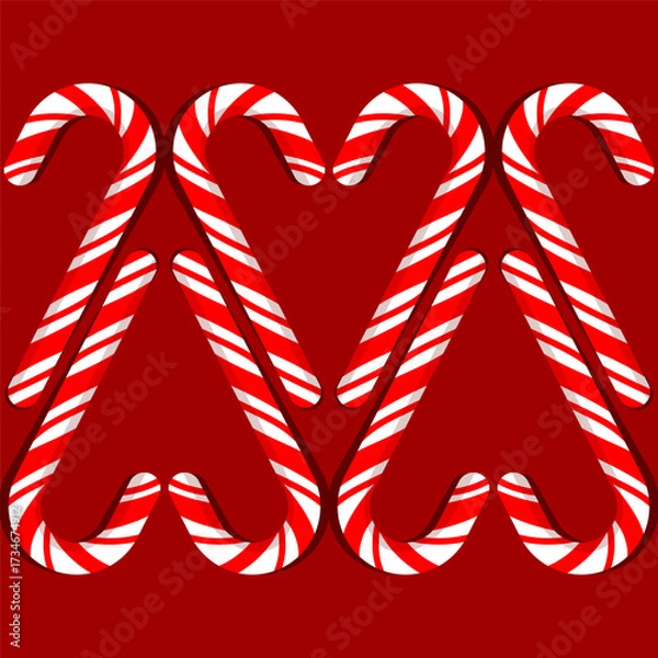 Fototapeta Seamless pattern of Christmas red and white striped sugar cane heart shaped stripes on red background
