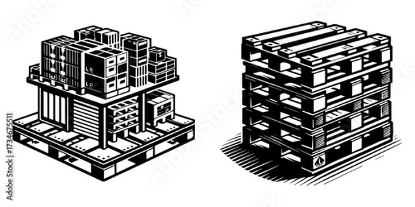 Fototapeta Pallets stacked with boxes and goods for shipping and storage.