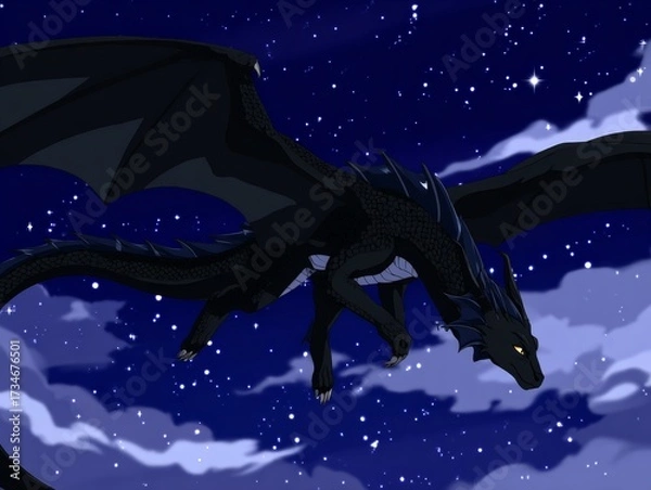 Fototapeta Dragon flying nightly sky over moon and clouds