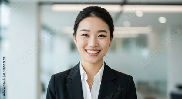 Obraz Smiling asian woman in business attire in a modern office setting.