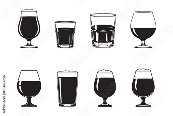 Fototapeta Elegant set of wine glasses, champagne flutes, and martini cups with alcohol and cocktail drinks, ideal for a bar, party, or restaurant icon collection