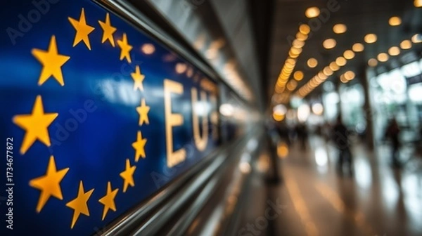 Fototapeta European Union flag displayed prominently in a modern airport terminal with blurred travelers