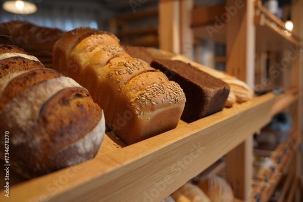 Fototapeta Warm, freshly baked artisan bread loaves on a rustic wooden shelf, close-up with natural lighting for a homely, bakery feel