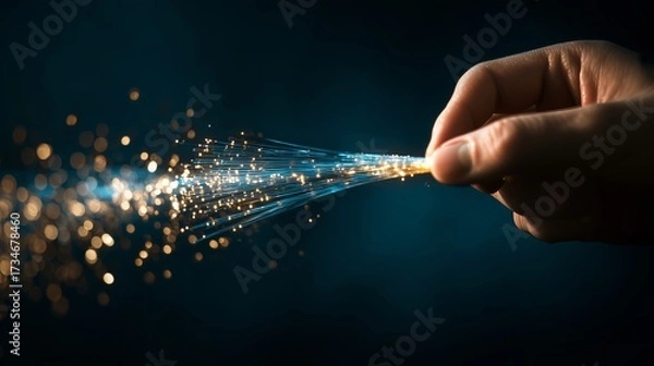 Fototapeta Hand holding glowing fibers, creating sparks in a dark environment with vibrant bokeh effect