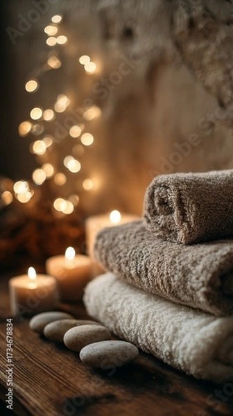 Fototapeta Cozy spa atmosphere with soft towels, lit candles, and smooth stones, creating a relaxing environment perfect for unwinding and self-care moments in a peaceful setting.