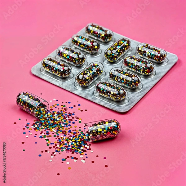 Fototapeta Blister Pack of Glitter-Filled Capsules with One Opened on Pink Background for Whimsical Pharmaceutical Concept Visual

