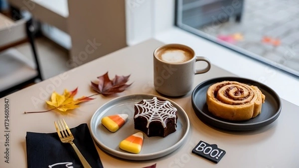 Fototapeta Cozy autumn cafe scene with Halloween desserts, cup of latte on the table with fall leaves