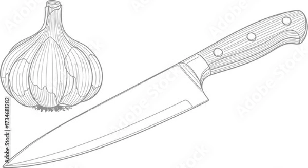 Fototapeta Line art of garlic and knife, culinary preparation illustration